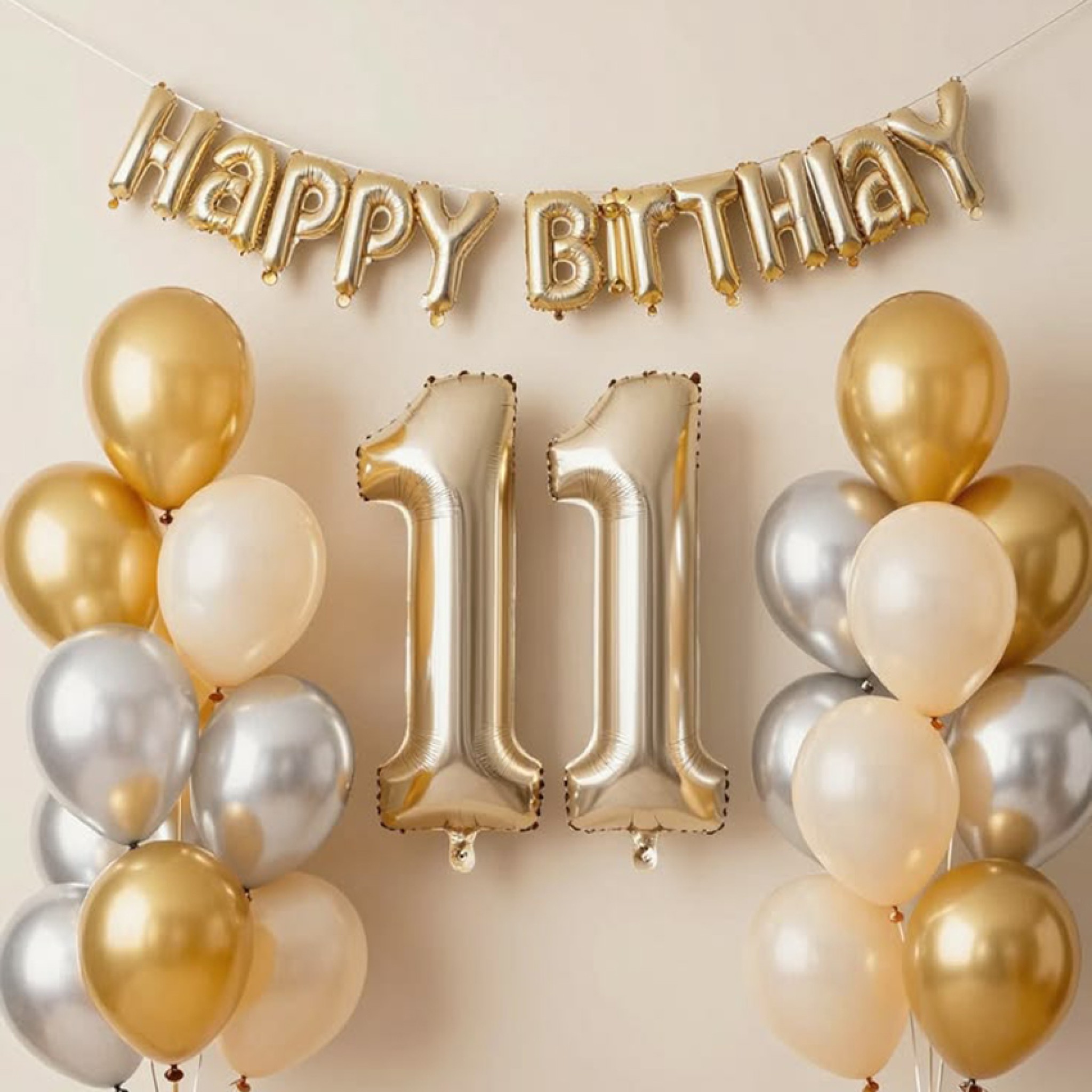 11th Birthday Balloon Bouquet Dubai – Helium Number 11 with Happy Birthday Letters & Dual Bouquet Package