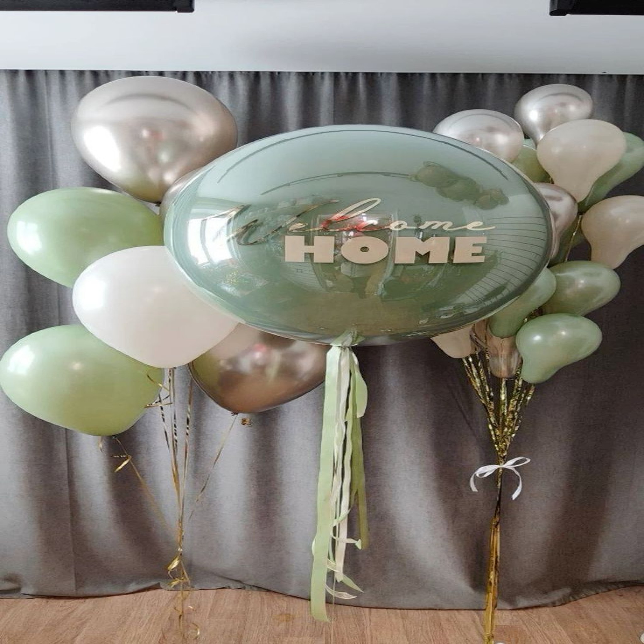 Luxurious Sage Green & Champagne Gold Jumbo "Welcome Home" Balloon Bouquet 