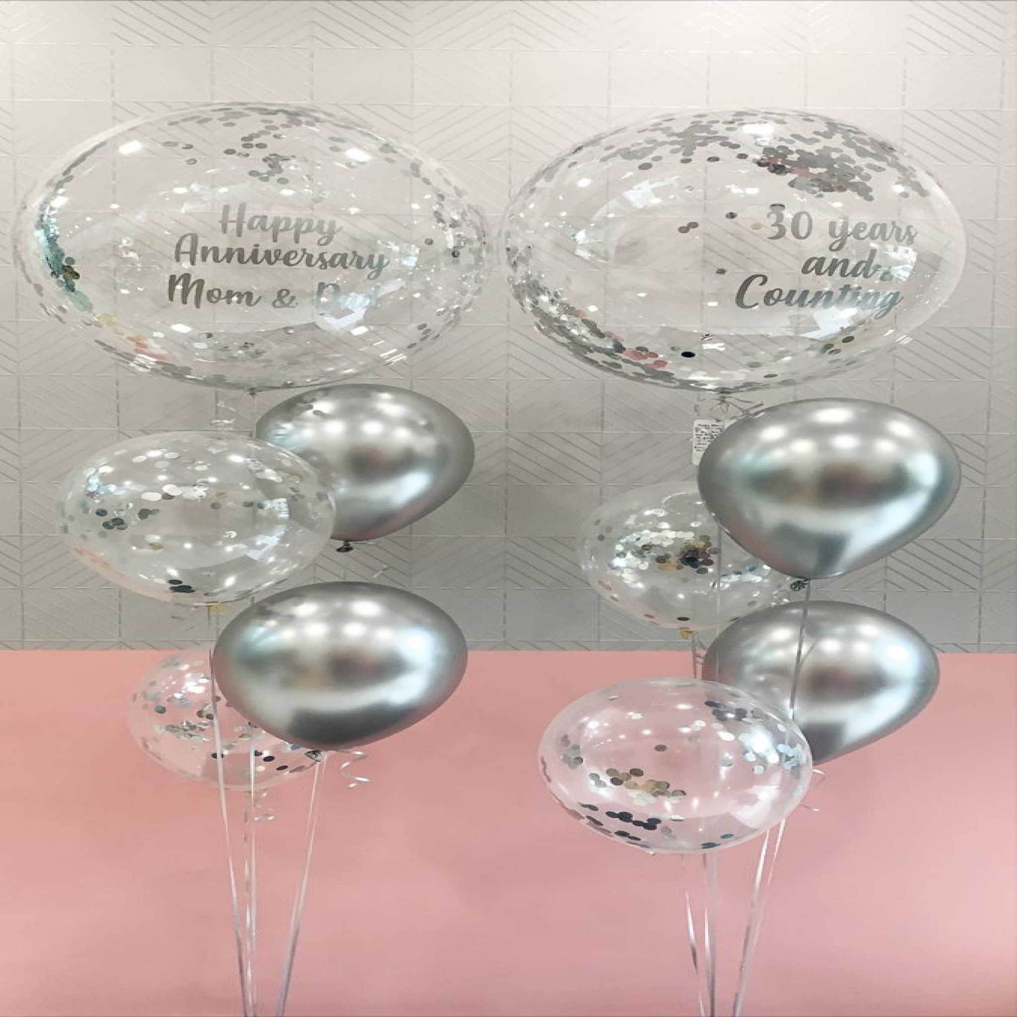 Personalized 30th Pearl Wedding Anniversary Silver Confetti Balloon Bouquet Set