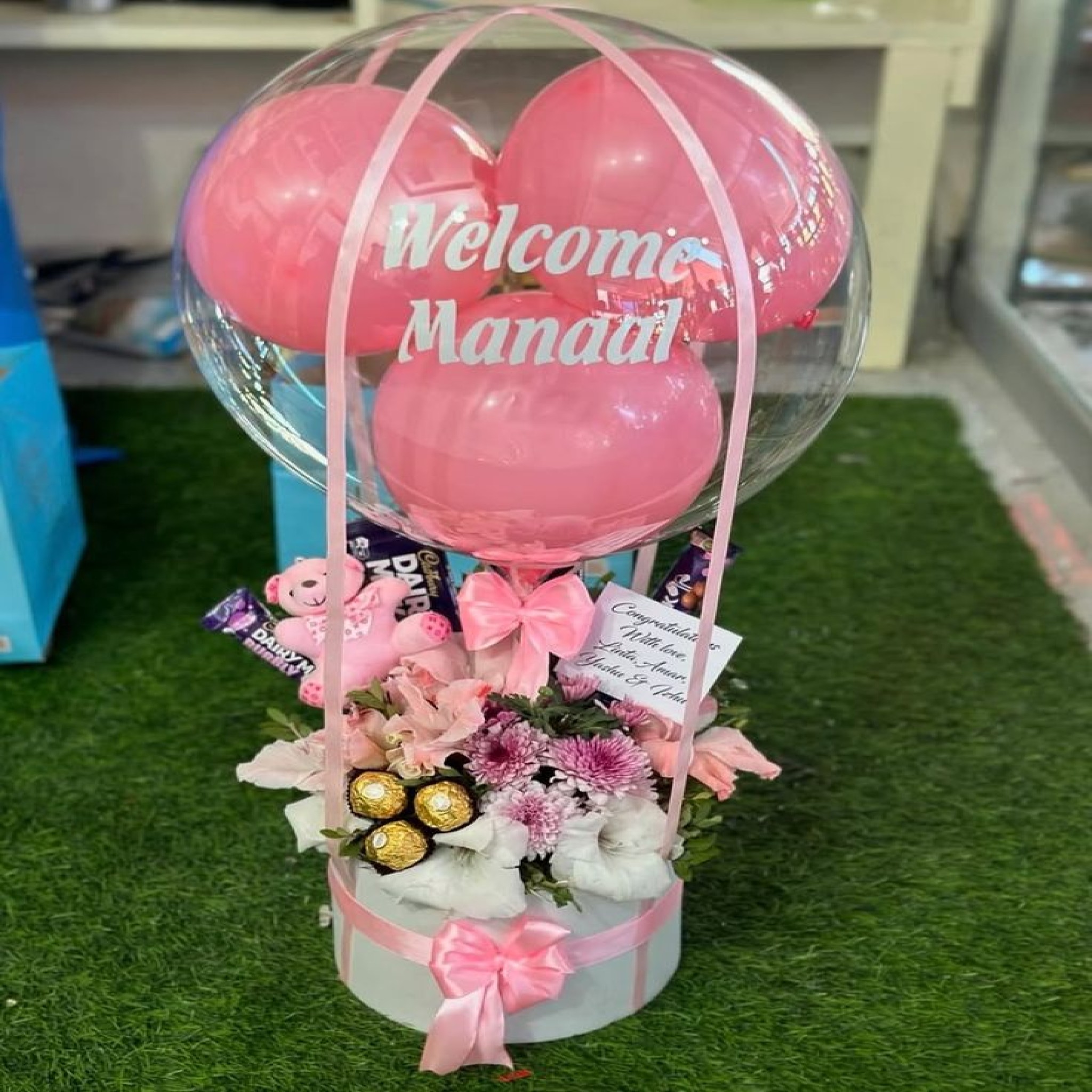 Pink Hot Air Balloon Flower & Chocolate Gift Box