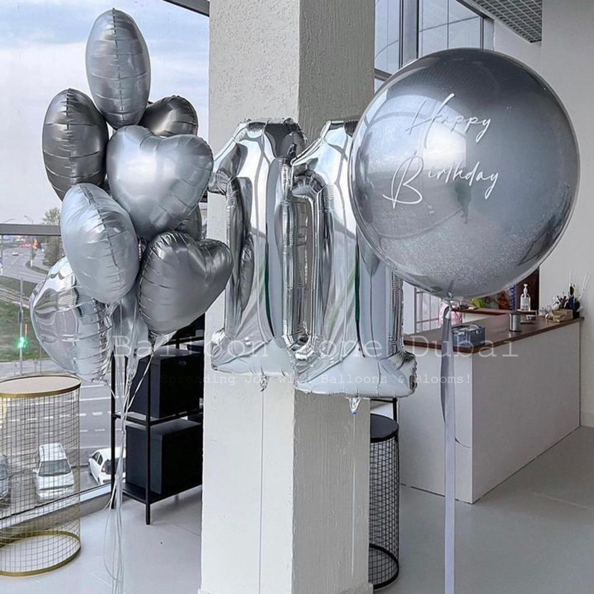 Silver Celebration Customized Orbz, Number & Heart Balloon Set