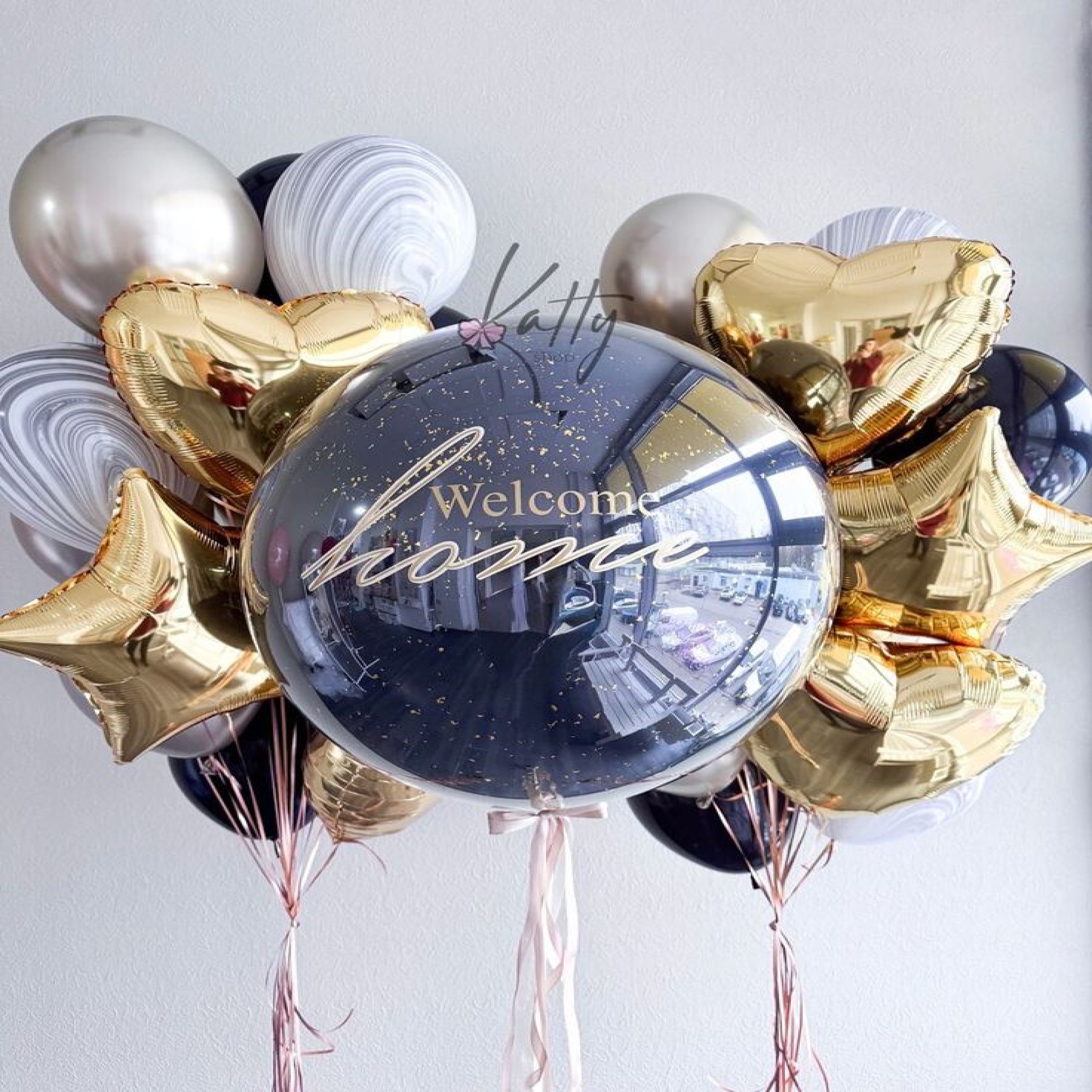 Ultra-Luxury Black, Gold & Marble "Welcome Home" Jumbo Balloon Cluster 